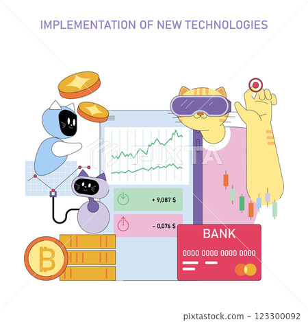 Technology implementation in finance and business environments. This concept highlights the integration of innovative tools improving efficiency and enhancing user experiences. Animated characters 123300092