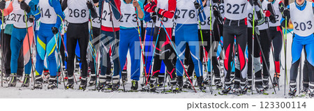 groups skiers athletes line up at starting point of cross-country skiing race 123300114