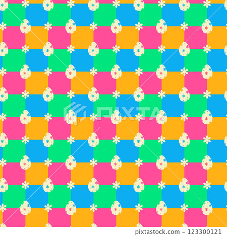 Checkered board Easter Egg, Flower shape abstract seamless pattern. Cute decorative geometrical grid. Blue pink green yellow bright colour palette. Graphical ornamental background. Vector illustration 123300121