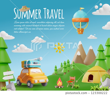 Summer travel 3D cartoon vector poster, camping in forest with tent and bonfire, air balloon with basket flying in sky 123300222