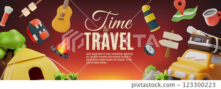 Time to travel 3D cartoon vector banner design, travel gear backpack, camping tent, map, guitar, compass, nature tourism Time to travel 3D cartoon vector banner design, travel gear backpack, camping tent, map, guitar, compass, nature tourism 123300223