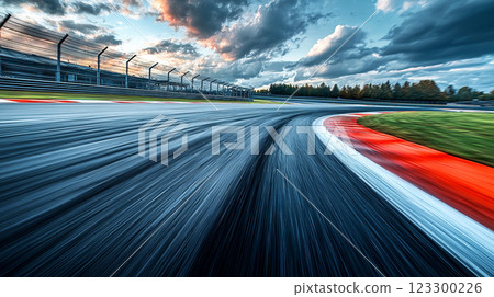 A fast-paced motorsports race track 123300226