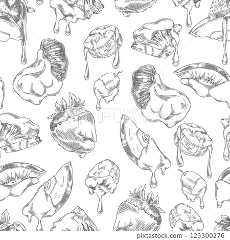 Monochrome sketch seamless background of fruit pieces in chocolate fondue. 123300276