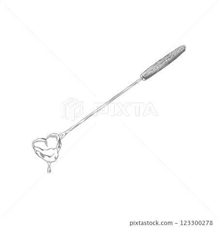 Black and white sketch of fondue fork with marshmallow dipped in hot chocolate or cheese. 123300278