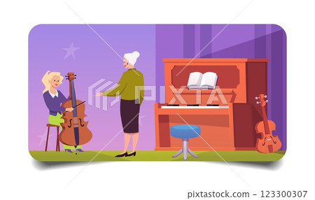 Interior music classroom with piano, teacher and student playing cello. 123300307