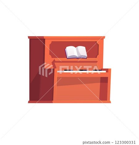 Upright piano vector flat icon, wooden brown piano with open keyboard, musical notes book, fortepiano musical instrument 123300331