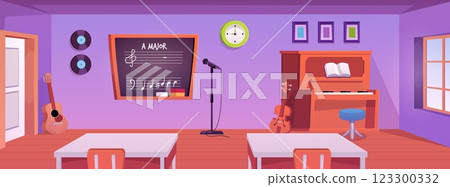Music classroom interior flat vector, cartoon cabinet with furniture and musical instrument, blackboard with major notes Music classroom interior flat vector, cartoon cabinet with furniture and musical instrument, blackboard with major notes 123300332