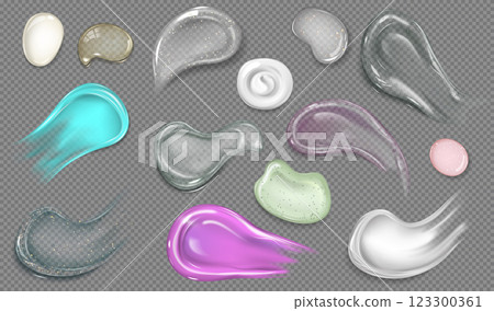 Vector set of drops and smears of cosmetic products of different shapes, colors and consistencies. 123300361