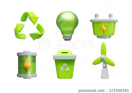 Green energy symbols, alternative energy sources, environmental conservation, Eco friendly power 3D cartoon vector set 123300385
