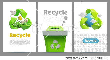 Vector 3D illustration of poster set with trash bin, planet, flowers and green recycling arrows. Vector 3D illustration of poster set with trash bin, planet, flowers and green recycling arrows. 123300386
