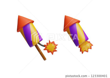 Vector 3d illustration of set of two striped firecrackers with burning flame and fuse. 123300401