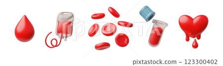 3d illustration of red blood cell icon set, heart, test tube, drop and blood bag for transfusion. 123300402