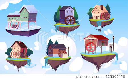 Water mill on floating game land islands in sky, vector flat vintage houses with grinding wheel using river hydropower Water mill on floating game land islands in sky, vector flat vintage houses with grinding wheel using river hydropower 123300428