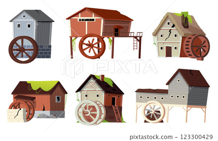 Abandoned water mills flat vector set, vintage old destroyed stone and wooden house with wheel, broken country building 123300429