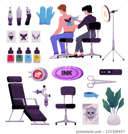 Tattoo studio collection vector set, artist making tattoo, needle machine, professional salon equipment, Ink art tools Tattoo studio collection vector set, artist making tattoo, needle machine, professional salon equipment, Ink art tools 123300457