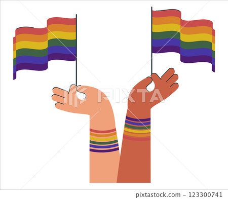 Hands and rainbow lgbt flag celebrate pride month illustration. LGBT elements pride month icon Hands and rainbow lgbt flag celebrate pride month illustration. LGBT elements pride month icon 123300741