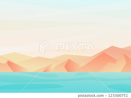 Coastal landscape illustration. Vector seaside mountains illustration in boho style with seaside Coastal landscape illustration. Vector seaside mountains illustration in boho style with seaside 123300751
