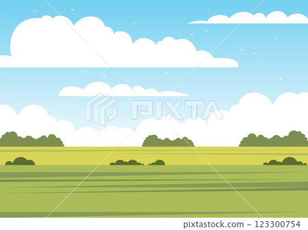 Vector illustration of beautiful summer fields landscape. Springtime panorama flat cartoon style banner 123300754