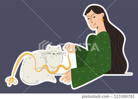 Woman with playful cat lover sticker. Owner of a cute pet. A girl with an adorable cat in her arms Woman with playful cat lover sticker. Owner of a cute pet. A girl with an adorable cat in her arms 123300781