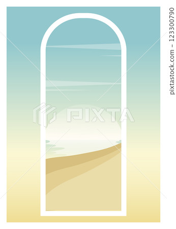 Seaside landscape with sand poster illustration. Marine sunrise vector 2d cartoon art 123300790