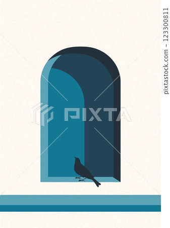 Aesthetic illustration of Santorini city. Contemporary art with bird on the window. Greece street view 123300811