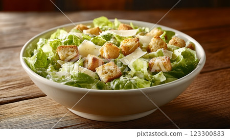 A bowl of Caesar salad on a wooden table 123300883