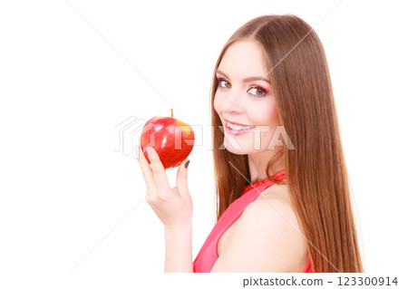 Woman charming girl colorful makeup holds apple fruit Woman charming girl colorful makeup holds apple fruit 123300914