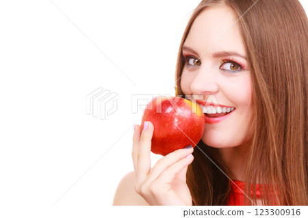 Woman charming girl colorful makeup holds apple fruit 123300916