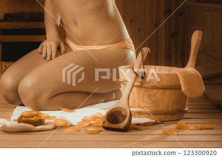 Closeup of woman relaxing in sauna. Spa wellbeing. Closeup of woman relaxing in sauna. Spa wellbeing. 123300920