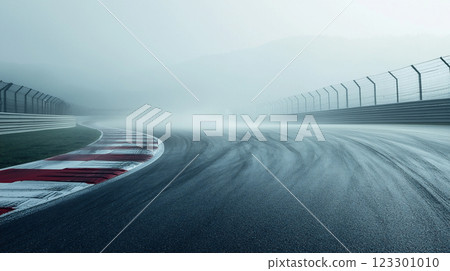 Motorsports race track shrouded in fog Motorsports race track shrouded in fog 123301010