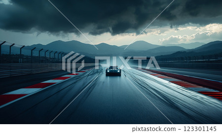 A motorsports race track enveloped in large clouds A motorsports race track enveloped in large clouds 123301145