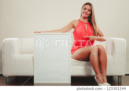 Cute fashion woman with blank empty white banner. Cute fashion woman with blank empty white banner. 123301244