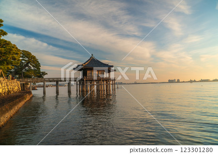 Photographing the floating temple on Lake Biwa in the early morning, one of the Eight Views of Omi 123301280