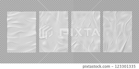 Paper wrinkled poster vector set, wet paper sheet template with transparent crumpled texture, glued wrinkles white tape 123301335