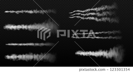 Rocket or jet aircraft smoke horizontal trail vector set, realistic white fume airplane launch trace, gas fog steam flow 123301354