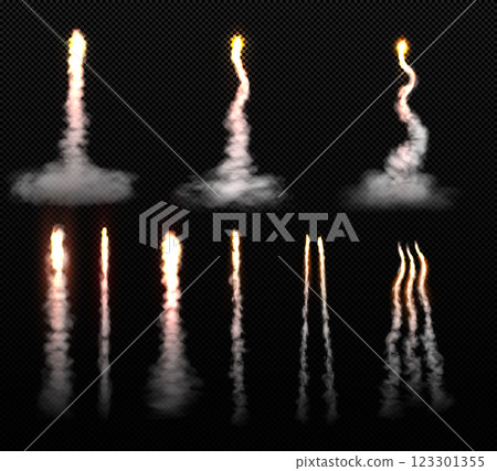 Vector set of illustrations depicting fiery realistic rocket launch smoke trails. 123301355