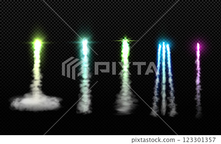 Rocket fire smoke trails vector set, realistic space jet aircraft launch trail, colorful fire burst flow, missile trace 123301357