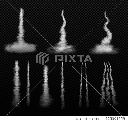 Rocket or jet aircraft smoke vertical trail vector set, realistic white fume airplane launch trace, gas fog steam flow 123301359