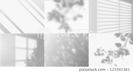 Shadow on wall, sun light from window blinds and leaves, overlay effect of reflection soft shading background vector set 123301361