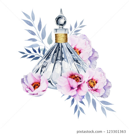 watercolor vintage perfume glass bottle, hand drawn illustration of transparent perfume flacon with watercolor pink flowers and leaves, accessories for women, beauty theme, for blogs, shops decoration 123301363
