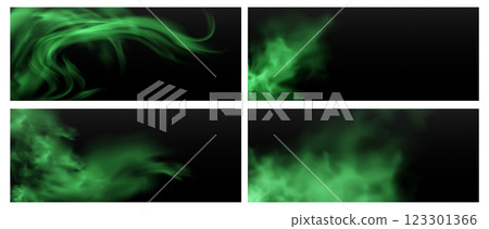 Green smoke, smell smog, fume rises up or goes sideways, stink cloud of stench poison gas, vector chemical toxic haze 123301366