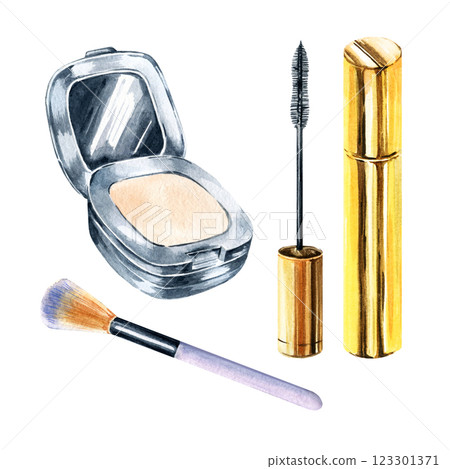 watercolor set with different beauty products, compact silver powder, makeup brush, golden color mascara, beauty accessories for women, hand drawn illustration of beauty theme, for blogs watercolor set with different beauty products, compact silver powder, makeup brush, golden color mascara, beauty accessories for women, hand drawn illustration of beauty theme, for blogs 123301371