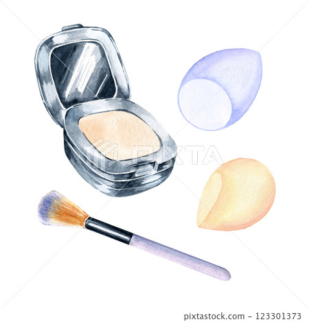 watercolor set with different beauty products, compact silver powder, beige and lilac sponges, makeup brush, beauty , accessories for women, hand drawn illustration of beauty theme, for blogs watercolor set with different beauty products, compact silver powder, beige and lilac sponges, makeup brush, beauty , accessories for women, hand drawn illustration of beauty theme, for blogs 123301373