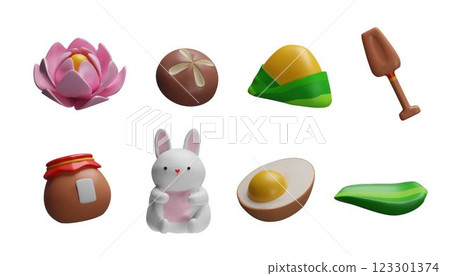 A set of 3d icons for the Duan Festival with zongzi, paddle, lotus, hare 123301374