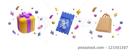 3d discount voucher, gift box, paper shopping bag. 123301387