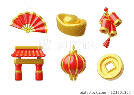 Golden ingot and coin, red fan and firecrackers, lantern and Chinese gate 3D vector set, Asian traditional lucky symbols 123301393