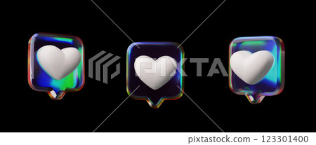 Vector 3D Glass Holographic Bubbles Set with White Heart from Different Sides. 123301400