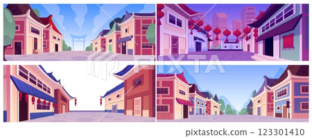 Vector set of cartoon illustrations of Chinese street in daytime, nighttime and isolated. 123301410