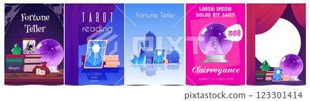 Vector Set of posters and frames with magic items, date and space for text. 123301414