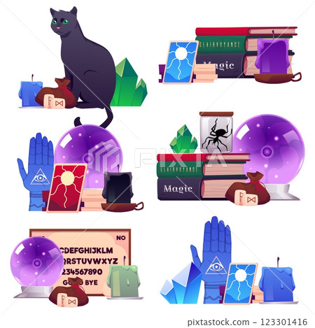 Set of illustrations with magic items for fortune telling and esotericism on isolated background. 123301416